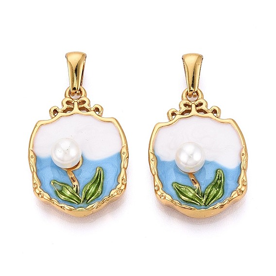 304 подвески из нержавеющей стали, эмали и искусственного жемчуга из АБС-пластика, подвески-самородки с цветочным узором, золотые