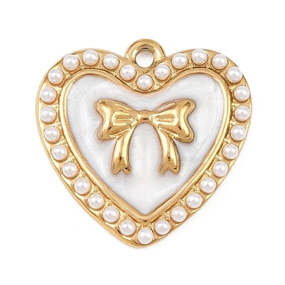 304 нержавеющей стальной эмали подвески, белые сердечки с имитацией жемчуга из АБС-пластика, ионное покрытие (ip)