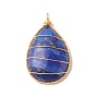 Dyed Natural Lapis Lazuli Pendants, with Copper Wire Wrapped, Teardrop Charms, Golden