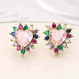 Luxury Copper Plated Gold Geometric Heart Earrings with Zircon for Women