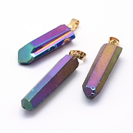 Electroplated Natural Quartz Crystal Pointed Pendants, with Golden Plated Brass Findings, Nuggets, Dyed
