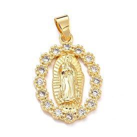 Brass Micro Pave Clear Cubic Zirconia Pendants, Oval with Virgin Mary