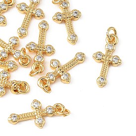 SHEGRACE Brass Micro Pave Clear Cubic Zirconia Pendants, Cadmium Free & Nickel Free & Lead Free, Cross Charms