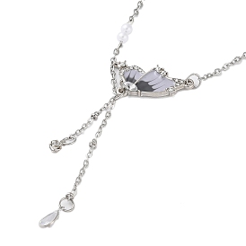 Butterfly Titanium Steel Pendant Necklaces, Cable Chain, with Glass Teardrop and Plastic Beads