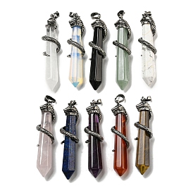 Gemstone Pointed Big Pendants, Rack Plating Brass Snake Wrapped Faceted Bullet Charms, Antique Silver, Cadmium Free & Lead Free