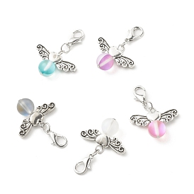 Frosted Synthetic Moonstone Pendants Decorations, with Alloy Heart Wing and Zinc Alloy Lobster Claw Clasps