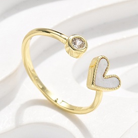 Латунные кольца-манжеты с микропаве и прозрачным цирконием для женщин, без кадмия и без свинца, Сердце & плоские круглые, с оболочкой