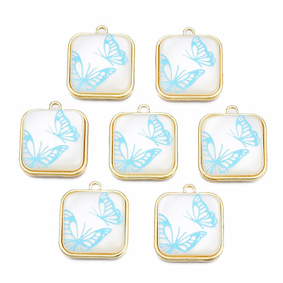 Resin Pendants, with Light Gold Plated Alloy, Cadmium Free & Nickel Free & Lead Free, Square with Butterfly