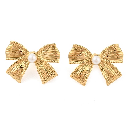 304 серьги-гвоздики из нержавеющей стали для женщин, с жемчугом из раковины , бантом