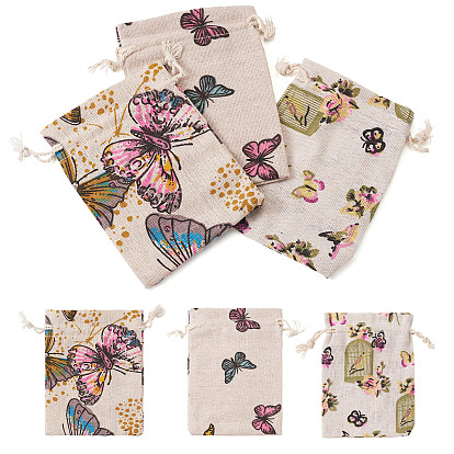 15Pcs 3 Styles Butterfly Printed Polycotton(Polyester Cotton) Packing Pouches Drawstring Bags, Rectangle