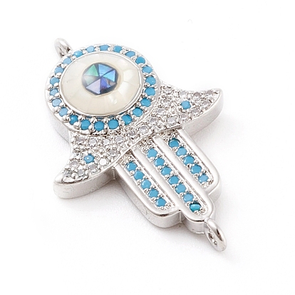 Brass Micro Pave Cubic Zirconia Links Connectors, with Abalone Shell/Paua Shell, Cadmium Free & Nickel Free & Lead Free, Hamsa Hand/Hand of Fatima/Hand of Miriam, Clear & Blue