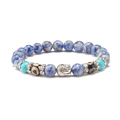 Gemstone & Agate Dzi Stretch Bracelet with Buddha Head, Mala Beads Feng Shui Protection Bracelet for Women