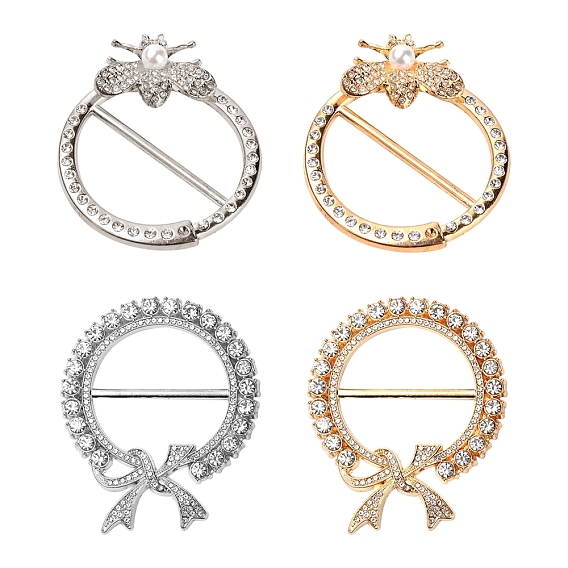 4Pcs Flat Round with Bowknot/Bee Alloy Buckles, with Crystal Rhinestone