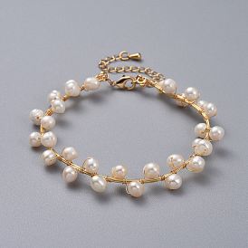 Bracelets, with Grade A Natural Freshwater Pearl Beads, Eco-Friendly Copper Jewelry Wire and Burlap Packing Pouches Drawstring Bags