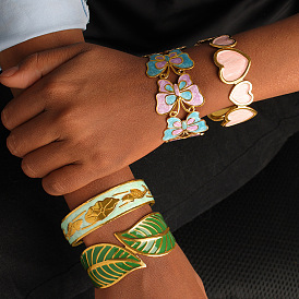 304 Stainless Steel Enamel Butterfly Fish Cuff Bangles for Women, Real 18K Gold Plated