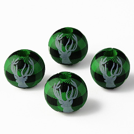 Painted Natural Wood Beads, Round with Deer, Christmas Style