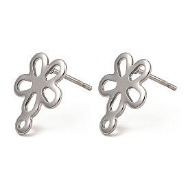 Flower Shape 201 Stainless Steel Stud Earrings Findings, with 304 Stainless Steel Pins & Horizontal Loop