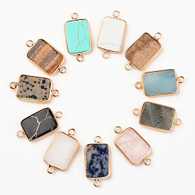 Natural Gemstone Links, with Light Gold Plated Edge Brass Loops, Mixed Natural Gemstone, Rectangle