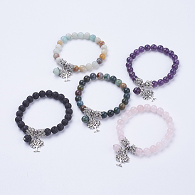 Natural Gemstone Stretch Charm Bracelets, with Alloy Tree Pendants, with Burlap Paking Pouches Drawstring Bags, Antique Silver