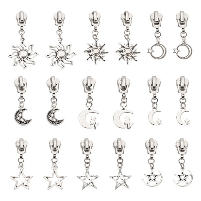 18 шт 9 стили сплава сменные молнии слайдеры с солнце луна звезды подвески, для багажа чемодан рюкзак куртка сумки пальто