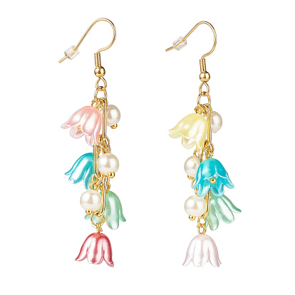 Plastic Flower with Brass Chains Long Dangle Earrings, Gold Plated 304 Stainless Steel Jewelry for Women