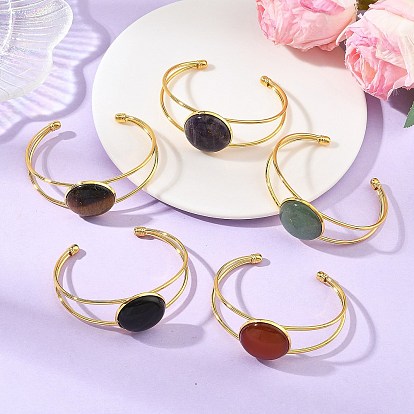 Natural Mixed Gemstone Flat Round Brass Hollow Cuff Bangles for Women