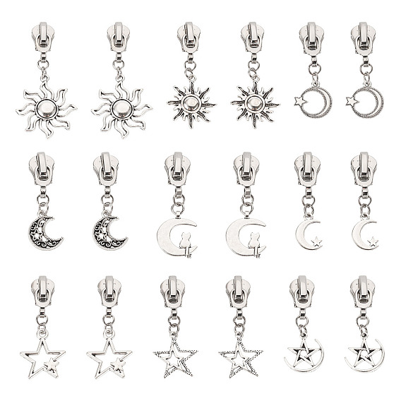 18 шт 9 стили сплава сменные молнии слайдеры с солнце луна звезды подвески, для багажа чемодан рюкзак куртка сумки пальто