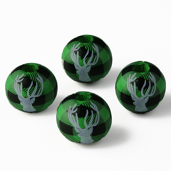 Painted Natural Wood Beads, Round with Deer, Christmas Style