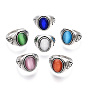 Cat Eye Oval Finger Rings, Antique Silver Plated Alloy Jewelry for Women