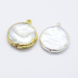 Pendentifs de perles d'eau douce de culture naturelle, avec les accessoires en laiton, plat rond
