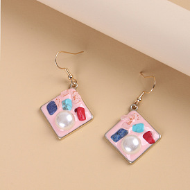 Chic Alloy Diamond-shaped Pearl Turquoise Earrings with Pink Pendant Hook Jewelry for Fashionable Individuals