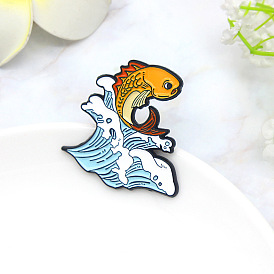 Cheerful Swimming Koi Cartoon Pin with Oil Droplets - Yellow Wave Crest