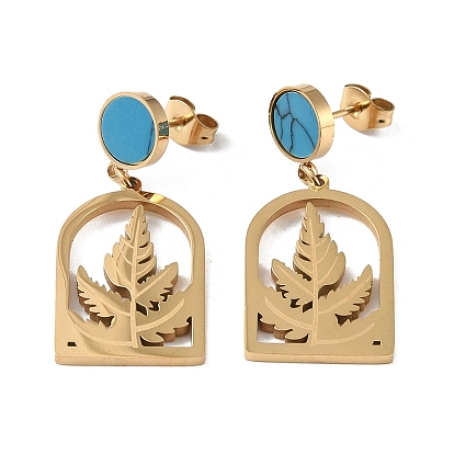 Leaf 304 Stainless Steel Stud Earrings, Synthetic Turquoise Dangle Earrings for Women