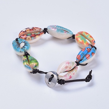 Printed Cowrie Shell Bead Bracelets, with Cowhide Leather Cord and 304 Stainless Steel Buttons