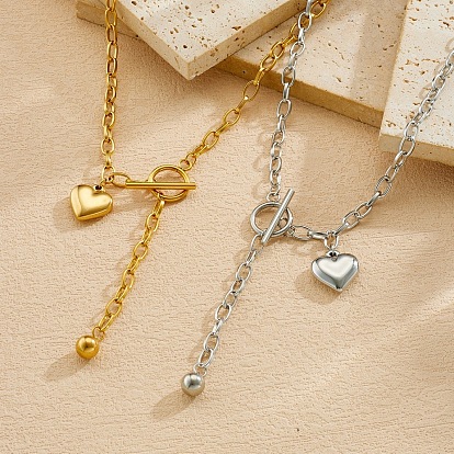 Adjustable 304 Stainless Steel Heart Tassel Lariat Necklaces for Women, with Paperclip Chains and OT Clasps