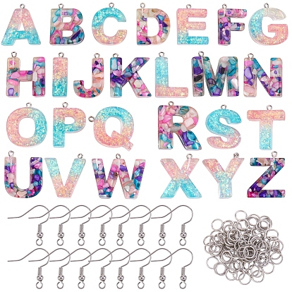 Alfabeto colgante pendiente diy kit de fabricación, incluyendo colgantes de resina epoxi transparente 26pcs, 60 de las PC de bronce ganchos pendiente, 90 anillos de salto abiertos de hierro de las PC