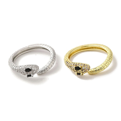 Rack Plating Brass Micro Pave Cubic Zirconia Cuff Rings, Long-Lasting Plated, Lead Free & Cadmium Free, Snake