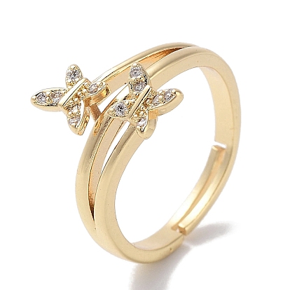 Brass Micro Pave Cubic Zirconia Adjustable Rings, Long-Lasting Plated, Butterfly