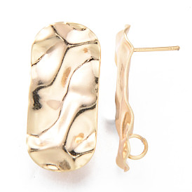 Brass Stud Earrings Findings, with Loop, Nickel Free, Hammered Oval