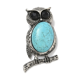 Dyed Synthetic Turquoise Big Pendants, Brass Jet Rhinestone Owl Charms, Antique Silver
