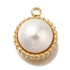 ABS Imitation Pearl Charms, with Ion Plating(IP) 304 Stainless Steel Findings, Flat Round Charm