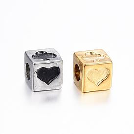 304 Stainless Steel European Beads, Large Hole Beads, Cube with Poker