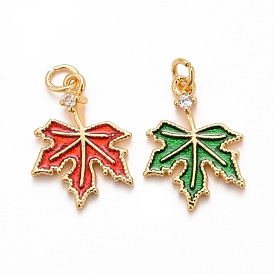 Autumn Theme Brass Cubic Zirconia Charms, with Enamel, Cadmium Free & Lead Free, Golden, Maple Leaf