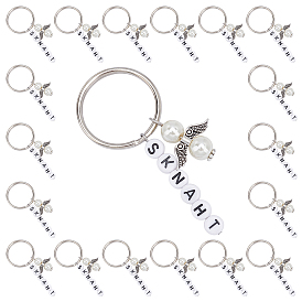 CHGCRAFT DIY Angel Pearl Keychain, Glass Pearlized Round Pearl Beads Strands, 60Pcs Wing Alloy Beads, 180Pcs Acrylic Letter Beads, Flat Round with LetterT/H/N/K/S, Key Ring and Pin