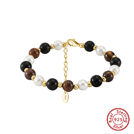 Natural Tiger Eye & Black Obsidian Beaded Bead Bracelets, Adjustable 925 Sterling Silver Clasps for Women