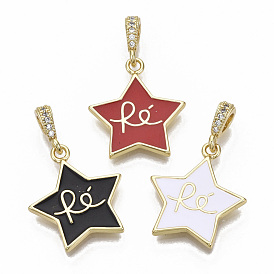 Brass Micro Pave Cubic Zirconia Pendants, with Enamel, Nickel Free, Star with Word Re, Real 16K Gold Plated