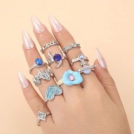 10Pcs Alloy Rhinestone Cuff Rings, Enamel Style