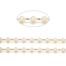 Brass Handmade Beaded Chains,  Link Chain, Long-Lasting Plated, Soldered, with Spool, Textured Four Leaf Clover