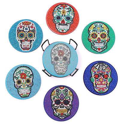 Halloween Theme Skull Pattern Flat Round DIY Coaster Diamond Painting Kits, Including Wood Boards, Resin Rhinestones, Diamond Sticky Pens, Tray Plates and Glue Clay