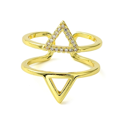 Brass Micro Pave Cubic Zirconia Open Cuff Ring, Hollow Triangle